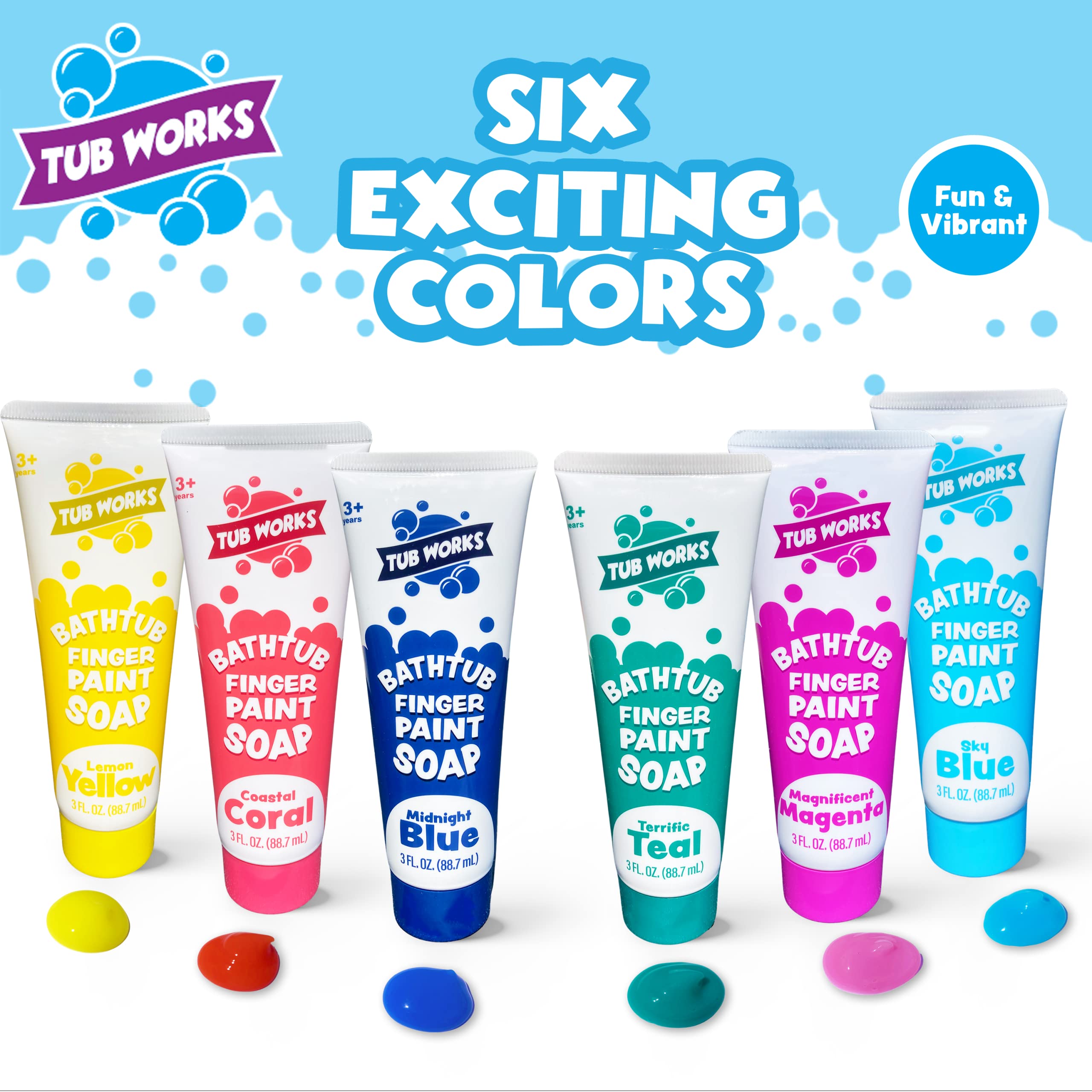 Tub Works Bathtub Finger Paint Soap, Fun Colors 6 Pack | Non-Toxic | Washable Bathtub Paint for Finger Painting on Tub Walls | Ideal Toddler Bath Toys
